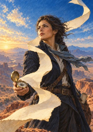 Dark-haired adult in a dark coat holding a brass compass as blank paper streams across a terracotta desert landscape.