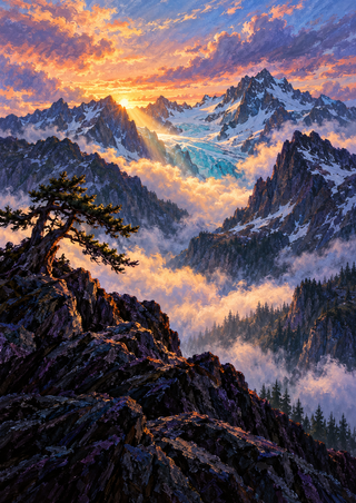 Sunrise beam illuminating a distant glacier between jagged peaks, with a windswept pine on the dark foreground ridge.