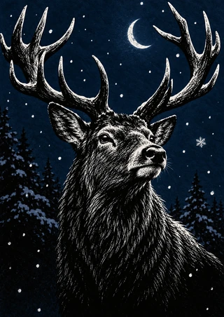A close-up living stag with branching antlers beneath a crescent moon, looking toward a snowflake above dark conifers.