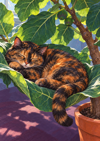 A curled tortoiseshell cat sleeps on broad green fig leaves beside a woody trunk, visible figs and a terracotta pot.