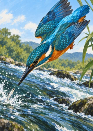 Blue-green kingfisher with orange breast diving toward a small silver fish and white splash in a rushing stream.