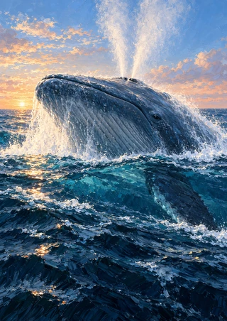 Blue whale surfacing through white spray above deep blue ocean water, with an apricot band of light on the horizon.