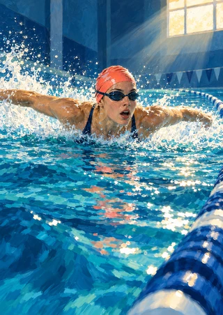 Woman in a coral swim cap and dark goggles performing butterfly stroke amid splashing blue pool water beside a lane rope.