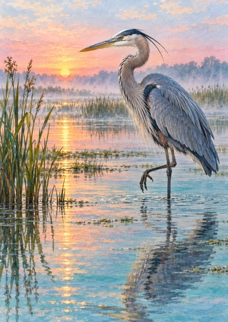 Grey-blue heron with one leg lifted in shallow marsh water beneath a rose dawn sky, with reeds and a sun reflection.