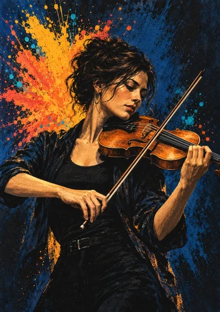 Adult woman playing violin with a diagonal bow before a vivid orange, yellow and turquoise pigment burst.