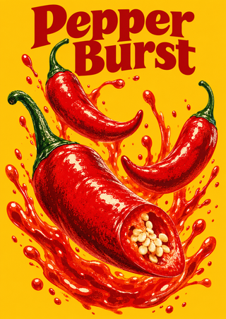 Three red chilies with green stems tumble in a sauce splash on bright yellow, beneath the words Pepper Burst.