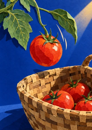 A ripe red tomato hangs from a leafy vine above a large woven basket of tomatoes against a blue background.