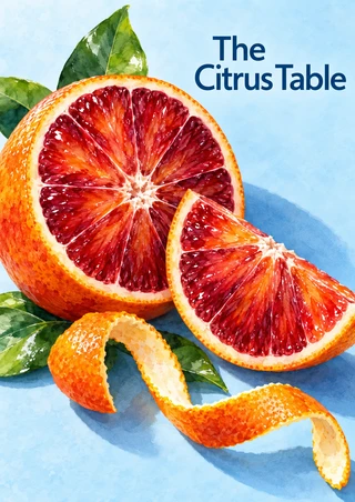 Illustrated cut blood orange and overlapping wedge with glossy leaves and curling peel on pale blue, titled The Citrus Table.