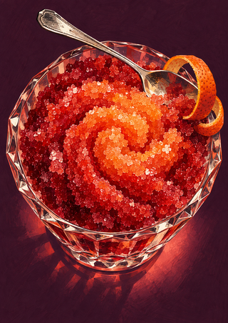 Red-orange granita in a faceted glass bowl with a diagonal silver spoon and curled orange peel on a dark plum background.