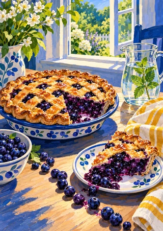 Lattice blueberry pie and plated slice on patterned ceramic dishes beside scattered berries, a mint-water pitcher, and a sunny garden window.