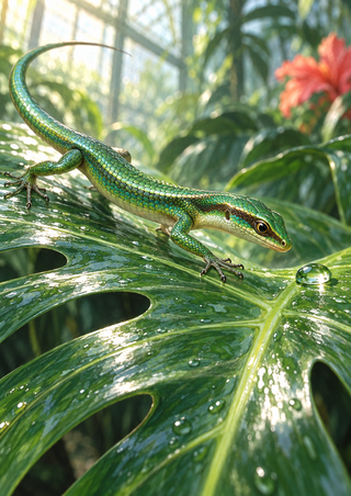 Green scaled skink reaching toward a water droplet on a glossy monstera leaf, with a blurred coral flower behind it.