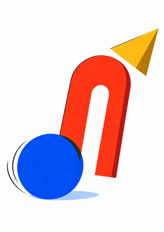 Cobalt-blue circle overlaps a vermilion arch beneath a floating golden wedge, with black motion curves and a pale-blue shadow on white.