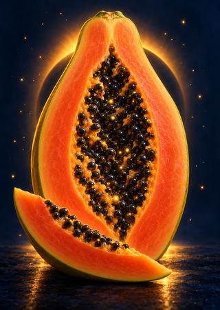 An upright cut papaya with a glowing cavity of black seeds stands against a deep indigo background and amber halo, with a seeded wedge in front.