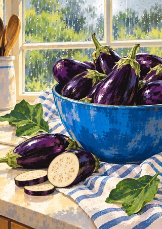 Glossy purple eggplants and sliced pieces in a bright blue bowl beside leafy greens, a striped towel, and a rain-streaked window.