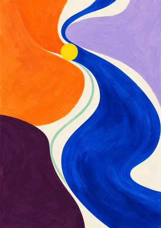Abstract poster with a sweeping cobalt-blue ribbon between tangerine and lilac fields, a yellow disc, mint curve and plum block.