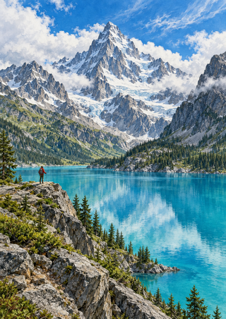 Snowy alpine peak above a turquoise glacial lake, with forested rocky slopes and a tiny red-clad hiker on the left shore.
