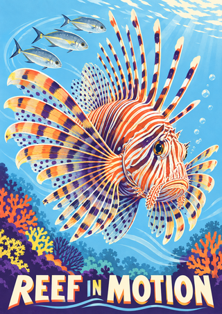 Large striped lionfish with spread fins among three small silver fish, colorful coral, bubbles, and “REEF IN MOTION” lettering.