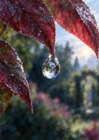 Reflective raindrop hanging from the tip of a dark burgundy leaf, with more leaves and a blurred garden behind it.