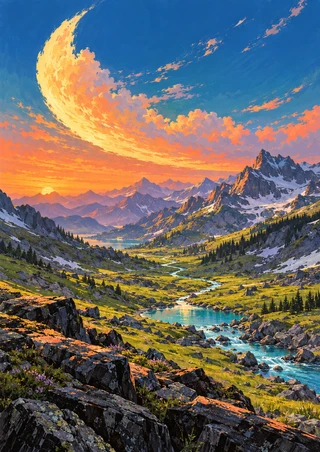 Turquoise stream winding through a high alpine valley beneath a sweeping bright cloud, with layered peaks and dark foreground rocks.