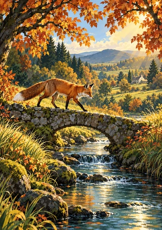 Red fox walking across a stone arch bridge above a stream, framed by copper autumn foliage with a distant farmhouse.