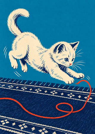 Cream kitten leaping toward a curling red-orange thread above a dark indigo patterned rug against a teal background.