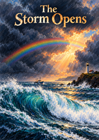 A large curling wave beneath storm clouds and a rainbow, with a lighthouse on a rocky point, a small boat and the title “The Storm Opens.”