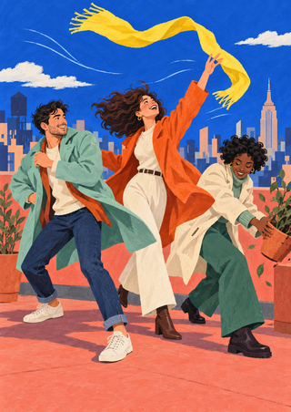 Three adult friends in colorful coats react to wind on a rooftop, one reaching for a sweeping yellow scarf beside potted greenery and a city skyline.
