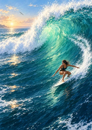 A woman surfer crouches on a pale board across a curling teal wave, beneath white spray and a low golden sun.