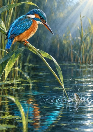 Blue-and-russet kingfisher perched on a slanted reed above a fish and rippling pond water.