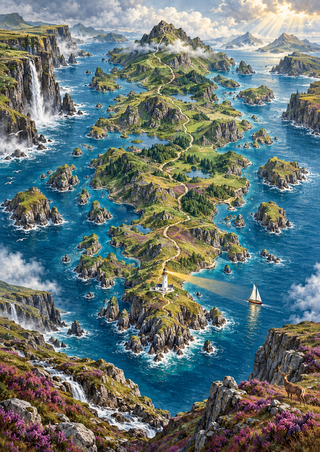 Illustrated island chain with a winding pale trail, small white lighthouse and sailboat, surrounded by blue channels and coastal scenery.