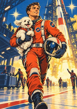 An adult pilot in an orange spacesuit carries a curly white dog through a launch bay with a rocket, gantry, and small ground crew.