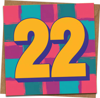 22nd Birthday Card for Him or Her – Bold Colorful Number 22 Square Greeting Card, 145mm x 145mm, Blank Inside, Includes Kraft Envelope