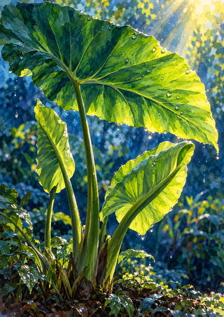 Broad rain-beaded green leaves glow in sunlight above smaller leaves against a deep blue-green garden background.