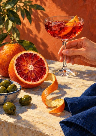 A hand lifts a ruby-red drink beside a cut blood orange, olives, curling peel and folded navy cloth on a pale tabletop.