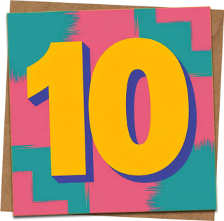 10th Birthday Card for Kids - Bold Number 10 Square Greeting Card, 145mm x 145mm, Colorful Design, Blank Inside, Includes Kraft Envelope