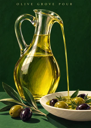 A clear cruet pours golden-green oil into a white dish of olives and herbs, with loose olives and leaves beneath the title “OLIVE GROVE POUR.”
