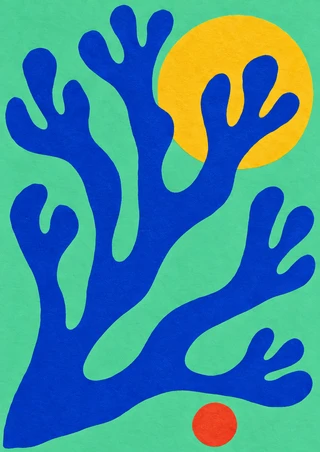 Cobalt branching coral-like cutout on a sea-glass green background, with a yellow circle and small red-orange disk.