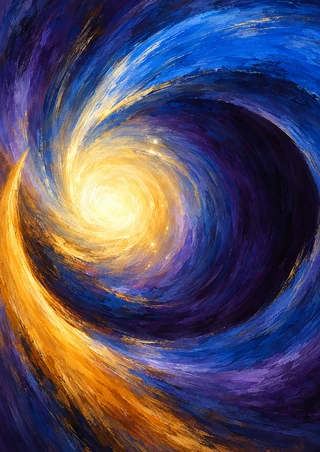 A pale-gold luminous core left of center, surrounded by swirling cobalt, blue, violet and amber painted bands.