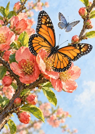 An orange-and-black monarch butterfly among pink quince blossoms, with a smaller blue-gray butterfly and leafy branch.