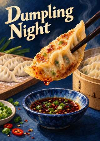 A golden pleated dumpling held with chopsticks above a cobalt bowl of dipping sauce, with a bamboo steamer and “Dumpling Night” lettering.