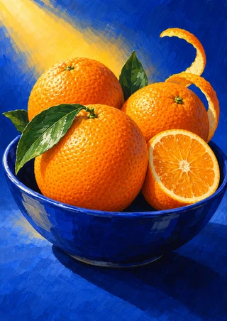 Three whole oranges and a cut orange half with leaves and curling peel in a cobalt-blue bowl against a blue field.