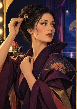 Adult woman in a plum stage costume adjusting a gold hair ornament, with fan embroidery and theater bulbs behind her.