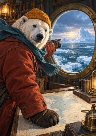 White polar bear in a mustard knit cap, rust-red coat and teal scarf pointing toward an iceberg through a round ship porthole.