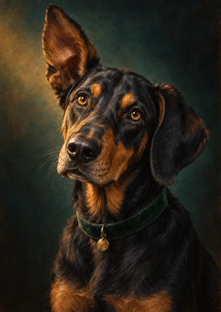 Close portrait of a black-and-tan hound with amber eyes, one tall upright ear and one floppy ear, wearing a dark green collar with a brass-colored charm.
