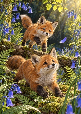 Two orange-red foxes among bluebells and ferns, one on a mossy fallen branch and the other below.