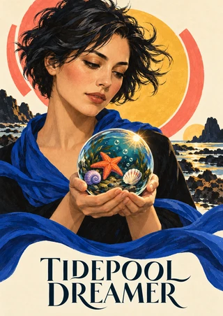 A dark-haired woman cups a glowing orb containing a tiny tidepool, with cobalt drapery, coral and yellow circles, and coastal scenery behind her.