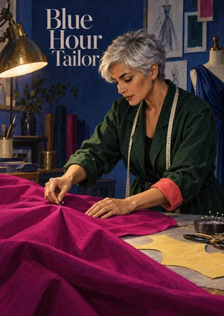 Silver-haired fashion designer pinning magenta fabric at a cutting table in an indigo studio with a warm task lamp.