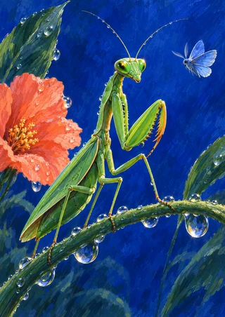 Jewel-green praying mantis on a rain-beaded stem facing a pale-blue moth, with a coral flower and leaves against a deep blue background.