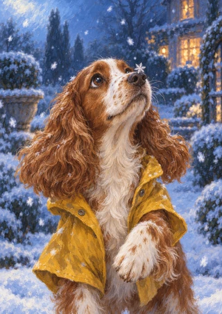 Chestnut-and-white spaniel in a mustard raincoat looking at a snowflake on its nose, with snowy shrubs and a glowing window.