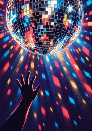 Large mirrored disco ball scattering colorful rays over a silhouetted hand reaching upward against a dark violet-blue background.